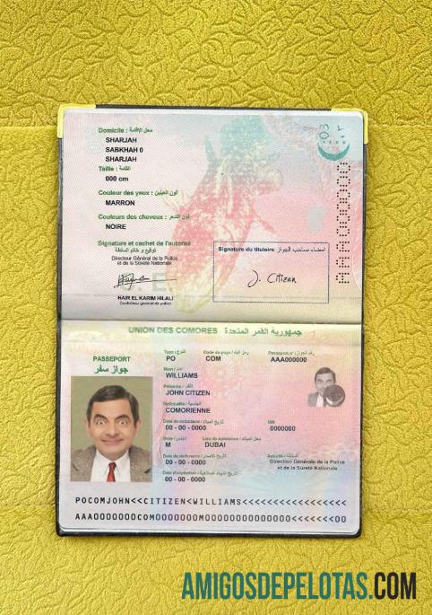 Foto do passaporte da União das Comores exemplo